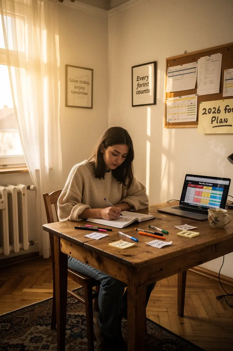 Pénzügyi oktató blog poszter laptop előtt tanulók számára